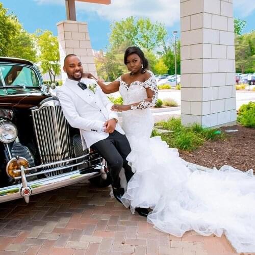 Africa Wedding Dress Plus Size White Mermaid Tulle Bridal With lace Appliques O Neck Long Sleeve Court Train New Arrival Bridal