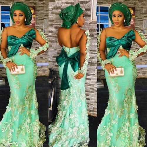 Mint Green Aso Ebi South African Evening Dresses Mermaid Long Sleeves Bow Nigeria Dubai Saudi Arabic Evening Gown Prom Dress