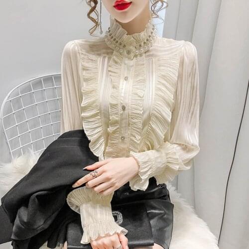 Gothic Pearl Beading Shirts Women Formal Business Blouse Frilly Tops Ruffle Tuxedo Shirts Royal Court Palace Medieval Victorian
