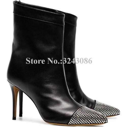 Woman Black Leather Crystal Ankle Boots Fashion Thin Heel Rhinestone Pointed Toe Ladies Short Boots Sexy Slip-on Female Stiletto