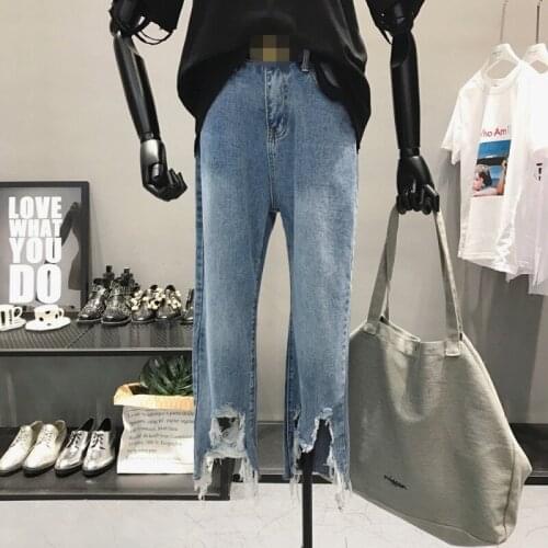 Korean Hip Hop Ripped Straight Ankle-Length Denim Pants Women Streetwear Fashion Spring Clothes Loose Ladies High Waist Jeans