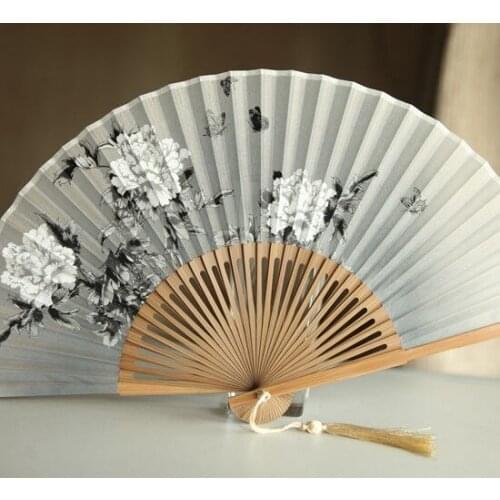 Female Fan Japanese Style Fan Bamboo Handle Folding Fan Silk Cloth Fan Summer Fan Peony Butterfly