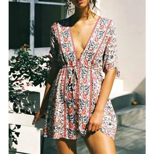 Happie Queens Women tie neck floral print happie dresses ladies Long sleeve ethnic cotton bohemian mini dresses