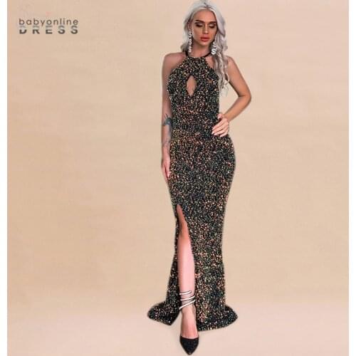 2021 Sexy Black Halter Long Evening Dress Sequins Mermaid Split Robe de Soiree Strapless Evening Prom Gowns Dress Vestido