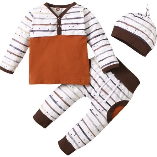 2021 0-18M Infant Boy Clothing Set Striped Print Patch V Neck Long Sleeve Sweatshirt+Harem Pants+Hat Casual Fall Outfits 3pcs