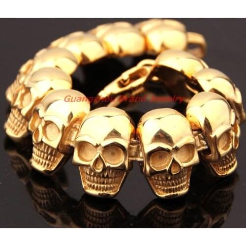 8.66" *26mm Heavy Boys Bracelet New 316L Stainless Steel Skull heads Gold color Punk Men Bracelet Boyfriend Jewelry Xmas Gift