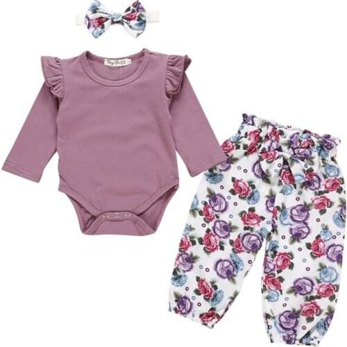 Infant Newborn Baby Girl Long Sleeve Bodysuit Playsuit+Pant Jumpsuit +Headband 3pcs Clothes Outfit