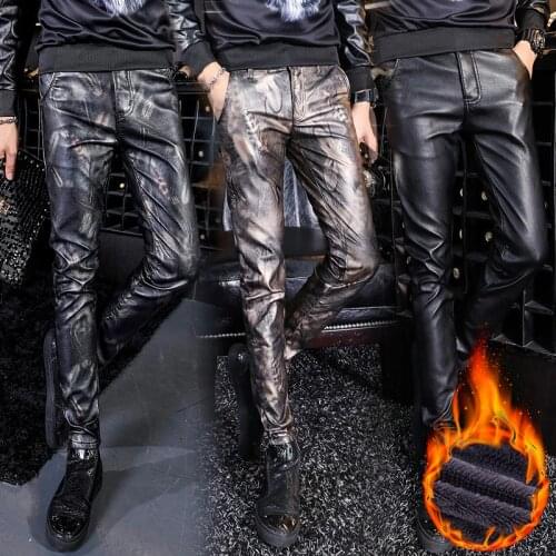 Men Printed Leather Pants Winter Fleece Warm PU Leather Casual Trousers High Quality Long Thicken Elastic Skinny Pencil Pants