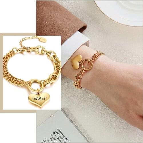 Customized Engrave Heart Charm Bracelets for Women,Length Adjustable Stainless Steel Cuban Rolo Chain Links,K18 Stamp Accessory