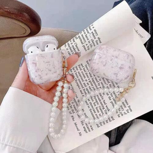 Marble Glossy Pearl Shell Keychain Soft Earphone Case For Apple AirPods 2 Wireless Bluetooth Headset Box for AirPods 1 Cover