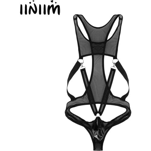 Mens Gay Male See-through Mesh Singlet Bodysuit Leather Jockstraps Bulge Pouch Open Butt Sissy Teddies for Clubwear Nightwear