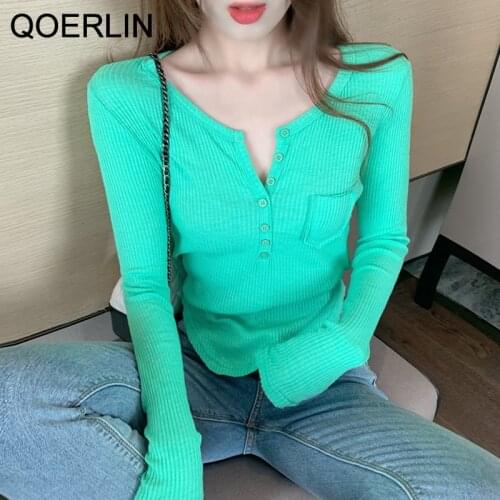 QOERLIN Irregular Short Sweater T-shirt Womens Fashion Long Sleeve V Neck Button Down Front Pocket Slim White Knitted Tops Girl