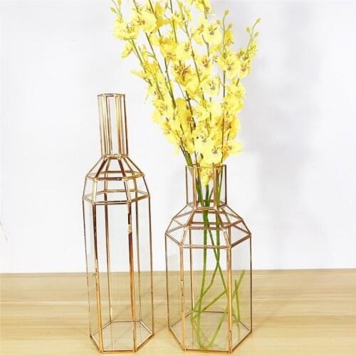 Nordic Style Hand-made Copper Strip Glass Vase Flower Arrangement Tabletop Candle Light Decoration Bottle Retro