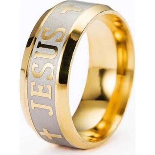 Wholesale 36pcs Gold etched JESUS CROSS Comfort fit Stainless steel Rings 8mm Width