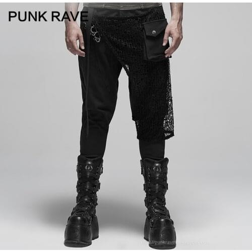 PUNK RAVE Mens Punk Metal Button Net Cloth Medium Pants Twill Woven Mesh Fabric Stage Performance Casual Trousers Cross-pants