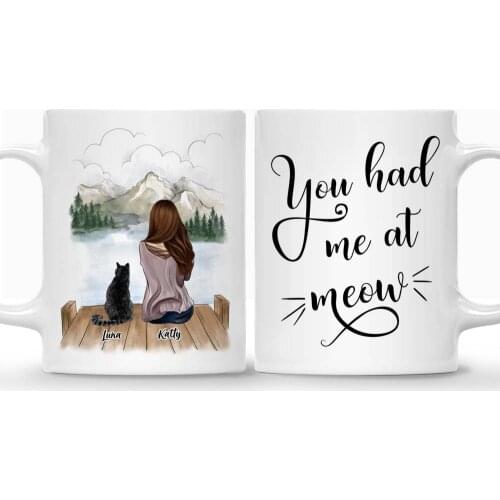Girl and Cat Man Couple and Pet Personalized Mug Coffee Cups Gift for Family DIY Choose Hair Skin Clothes 11/15 Oz RR2005