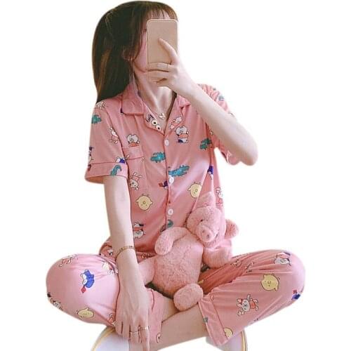 Summer Pajamas Set Teens Women Girl Short Sleeve Milk Silk Two-Piece Sets Cute Cartoon Loose Home Service