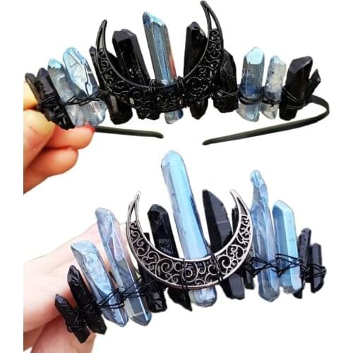 Handmade Plating Raw Crystal Headband Vintage Antique Moon Tiara Crown Hair Comb Wedding Party Bridal Jewely Headdress
