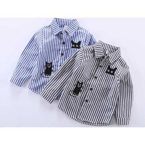 Summer Long Sleeve Plaid Boys Shirts Striped Cartoon Cat Kids Baby Shirt Casual Camisa Masculina Blouses for Children Clothes