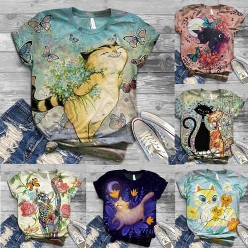 Shirt Women Summer Fashion Comfy Cute Cat Print Short Sleeve Round Neck T-Shirt Casual Streetwear Oversize Female Top Shirts
