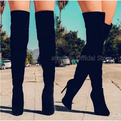 Stretch Leather Pointed Toe Thin High Heel Boots Woman Slim Fit Winter Long Boots Women Over The knee Thigh High Bota 46