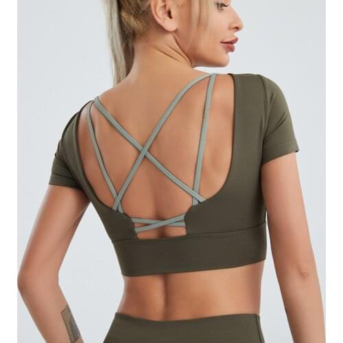 Sexy Cross Backless Yoga Top Short Sleeve Fitness T Shirt Womens Elastic Running Sport Tee Breathable Gym Crop Top With Padded