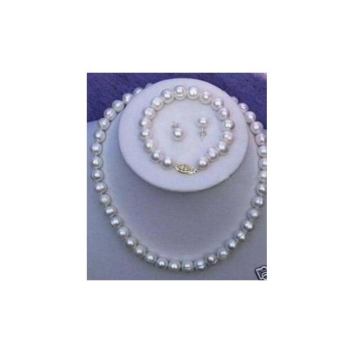 8-9 MM White Real Cultured Pearl Necklace Bracelet Earrings>>> women jewerly Free shipping