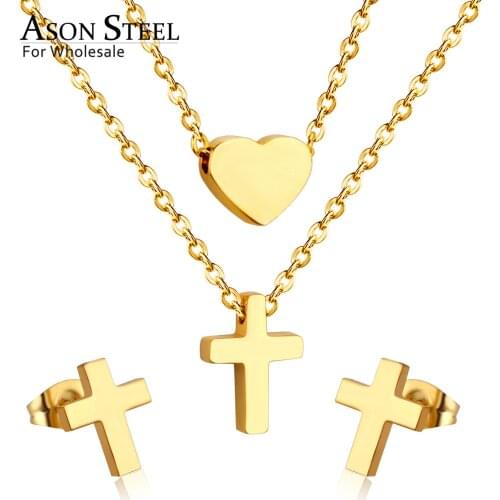 ASONSTEEL Jewelry Sets for Party Stainless Steel Double Chains Necklace Gold/Silver Color Cross Stud Earring Fashion Jewelry