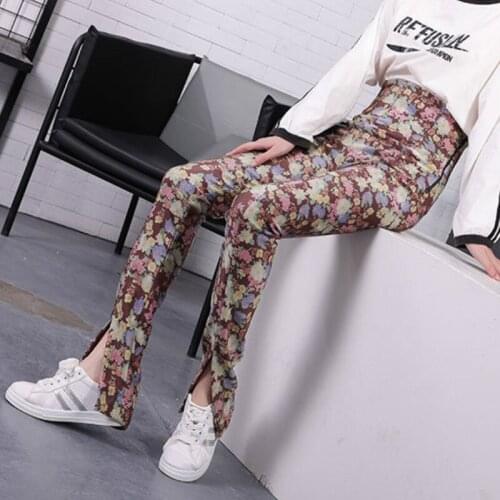 Women Flower Print Slim Velvet Pencil Pants Femme Harajuku High Waist Korean Side Zipper Fly Trousers Female Pants Capris