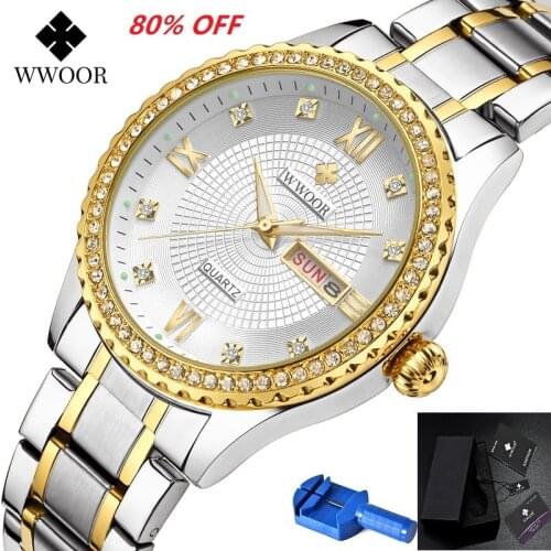 Watch Women WWOOR 8856 Women Watches Diamond Gold Date Week Waterproof Bracelet Casual Dress Quartz Ladies Wristwatches Dropship