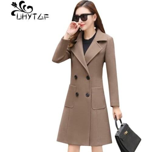 UHYTGF Women winter coats fashion double-breasted autumn wool coat temperament Slim Long Woolen Jacket Casual plus size coat 267