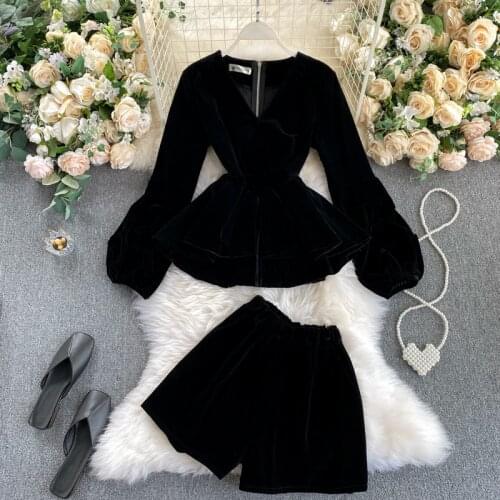 Newest Runway 2021 Designer Womens Long Sleeve Velvet v-neck Outer Wea Hepburn two-piece suit