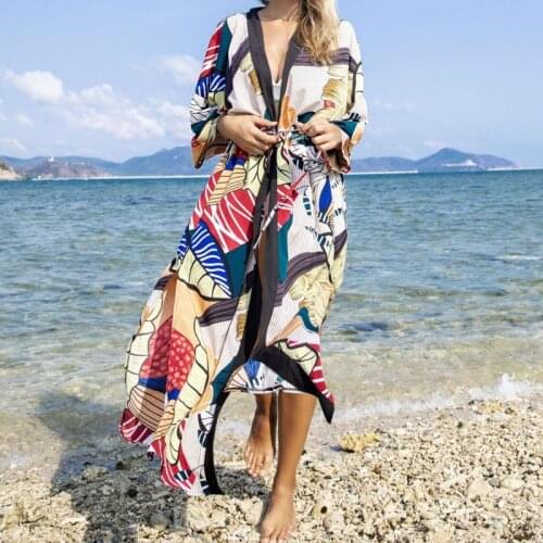 40GC Womens Flowy Open Front Swimsuit Cover Ups Boho Leaves Leopard Printed Long Cardigan Side Split Drawstring Kimono Robe