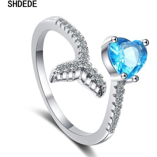 SHDEDE Blue Heart Wedding Engagement Rings For Women Embellished With Crystals From Swarovski Adjustable Size Ring Gifts -X339