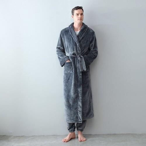 Winter Coral Fleece Thickened Men Long Bathrobes Warm Plush Dressing Gown Sleepwear Loungewear Home Clothes