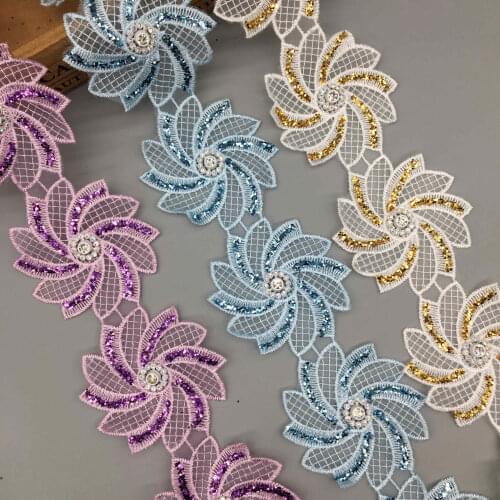 1 yard 7.5cm Shiny 3D Flower Embroidered Glitter Lace Trim Applique Ribbon Fabric Sewing Craft Handmade DIY Wedding Dress Decor