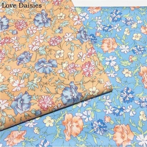 100% Cotton Twill ORANGE BLUE Pastoral Flowers Floral Fabric for Kid DIY Bedding Summer Apparel Dress Craft Sheet Handwork Decor