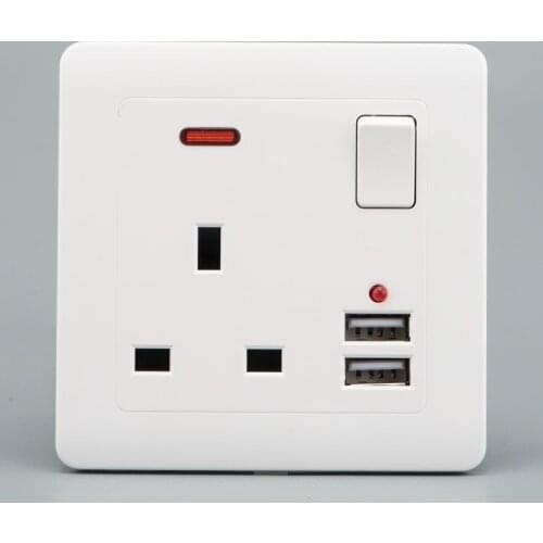13A UK Plug Socket, Switch Control Socket, 5V 2.1A Double USB Socket British Standard Three Hole Socket,With LED Indicator