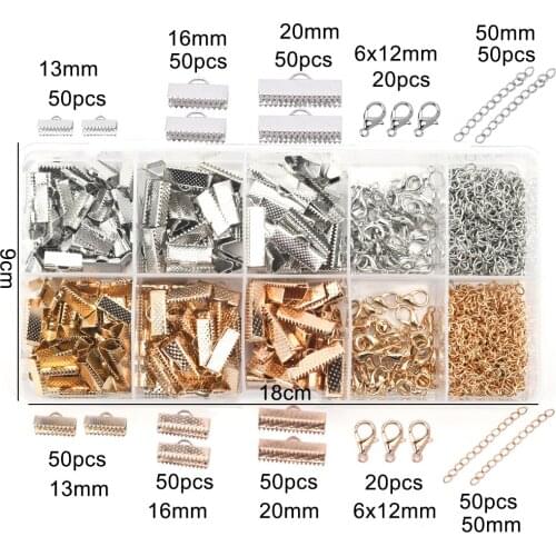 440Pcs Leather End Caps Clip Crimp Connector Lobster Clasp Extension Tail Chains Jewelry Making Supplies Kit Diy Accessories Set