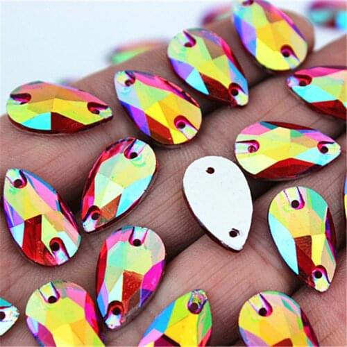 50pcs 10*18mm Drop Crystals AB Rhinestones Flat Back Sewing 2 Hole Stones Resin Beads For DIY Wedding Dress Decoration MC415