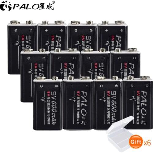 12Pcs PALO 9V Battery li-ion 600mAh NIMH 6F22 9V Rechargeable Batteries Baterias For Smoke detectors Wireless Microphones