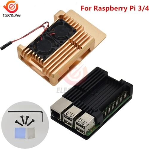 Black CNC Aluminium Alloy case Shell for Raspberry Pi 4 3 Model B /B+ Case box with Dual Cooling Fan Heat sink Radiator Gold/Red