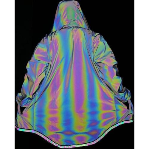 Men Women Rainbow Reflective Long Jacket Streetwear Female Hooded Coat Full Zip Jogger Night Dazzling Hip Hop Dance Drop Ship
