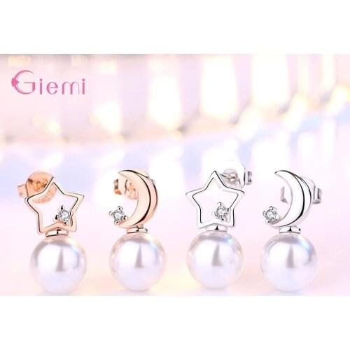 925 Sterling Silver Cute Moon Star Pearl Earrings For Women Girls Wedding Trendy Jewelry Valentines Day Gift Wholesale