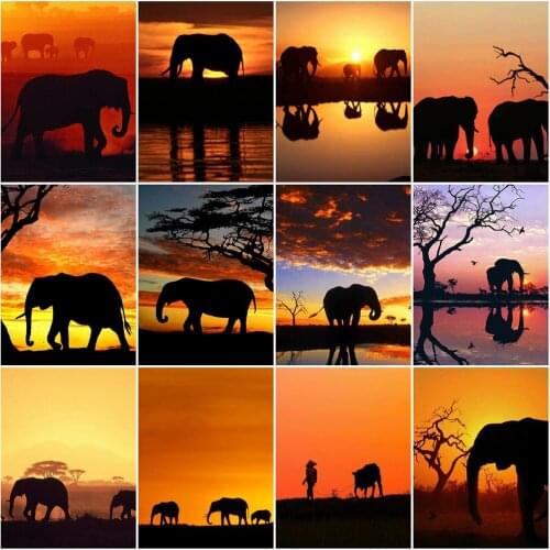 HUACAN 5D DIY Full Square Diamond Painting Elephant Painting Rhinestone Cross Stitch Sunset Diamond Embroidery Animal Home Decor