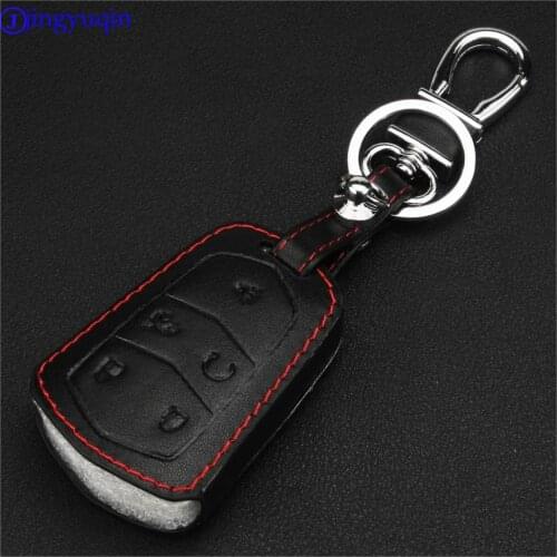 Jingyuqin maizhi 5 Buttons Leather Car Key Case for Cadillac ATS-L CTS Start Stop Engine System Smart Remote Key Chain FOB