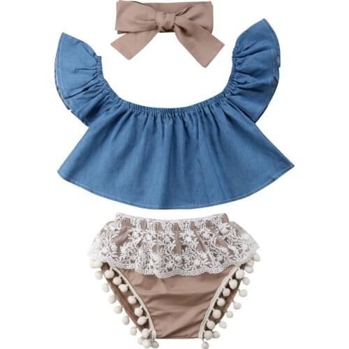 3Pcs Newborn Infant Baby Girl Clothes Fly Sleeve Denim Top Lace Tassel Shorts Headband Clothes Outfits 0-3Y