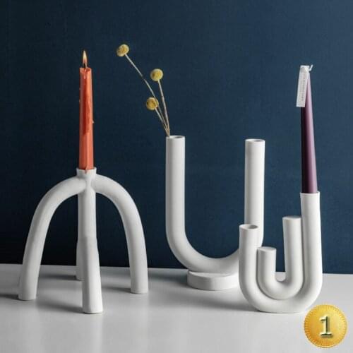 Creative White Ceramic Vase Candlestick Ornaments Nordic Romantic Candlelight Dinner Geometric Candle Wedding Table Decoration