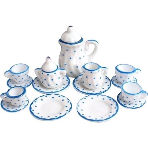 Miniature 1: 12 Toy 15 Pcs Blue Flower Porcelain Tea Set Simulation Dollhouse Decorative Accessories