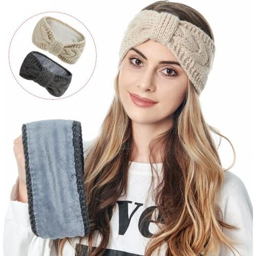 Fashion bow winter wool knit warm women headbands with buttons ladies turban outdoor sports headwear hair ribbons plus velvet